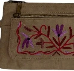 Gloednieuw 🧨 Merkloos Dames Polstas Suède Leer - Bruine Damestas Met Handgeborduurd Bloemenpatroon In Paars - Riemtasje 🛒