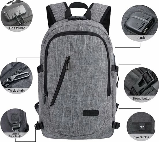 Beste deal 🌟 IGOODS - USB Computer Rugtas Met Lader - Waterdicht - Met Sleutelcode - 15,6 Inch - Grijs ⭐ 9 Beste deal 🌟 IGOODS - USB Computer Rugtas Met Lader - Waterdicht - Met Sleutelcode - 15,6 Inch - Grijs ⭐ - Afbeelding 7