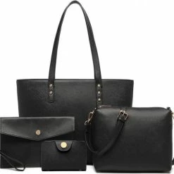 Groothandel 🥰 Miss Lulu Handtas | Crossbodytas | Clutch | Portemonnee - Damestas 4-delige Set - Kunstleer - Grote Capaciteit - Zwart (LG6931 BK) 👏