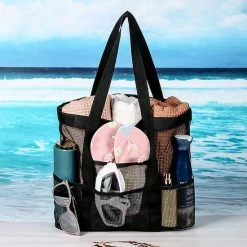 Uitgang 🔔 IBright Grote Strandtas -XXL Beachbag - Lichtgewicht - Mesh - Opvouwbaar - Strand Tas - Zwart ✨ -Tassen-Dames Winkel 550x550 210