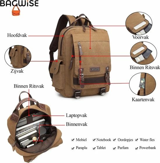 Aanbiedingen π€© Bagwise® - Rugzak - Rugtas - Schooltas - Canvas -25 L - Vintage - 15" Inch Laptopvak -1270 Camel Bruin π 6 Aanbiedingen π€© Bagwise® - Rugzak - Rugtas - Schooltas - Canvas -25 L - Vintage - 15" Inch Laptopvak -1270 Camel Bruin π - Afbeelding 4