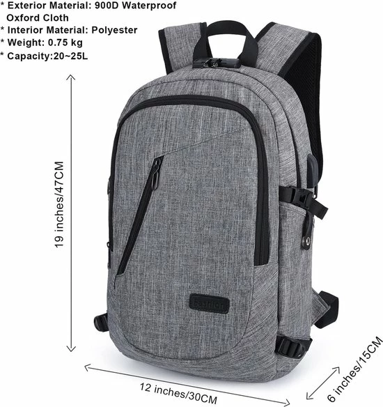 Beste deal 🌟 IGOODS - USB Computer Rugtas Met Lader - Waterdicht - Met Sleutelcode - 15,6 Inch - Grijs ⭐ 4 Beste deal 🌟 IGOODS - USB Computer Rugtas Met Lader - Waterdicht - Met Sleutelcode - 15,6 Inch - Grijs ⭐ - Afbeelding 2