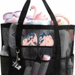 Uitgang 🔔 IBright Grote Strandtas -XXL Beachbag - Lichtgewicht - Mesh - Opvouwbaar - Strand Tas - Zwart ✨