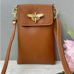 Begroting ⌛ Borse In Pelle Camel Leren Telefoontasje Pretty Bee - Schoudertas - Camel - Bijenslot 🛒