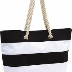 Beste deal ✔️ Merkloos Strandtas Gestreept Zwart/wit 47 Cm - Strandartikelen Beach Bags/shoppers Met Klittenbandsluiting 🤩